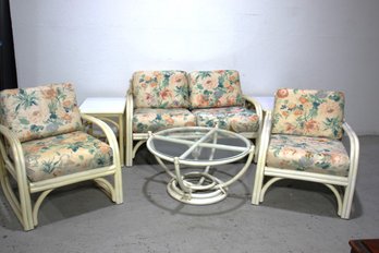 Vintage Rattan Living Room Set With Floral Cushions