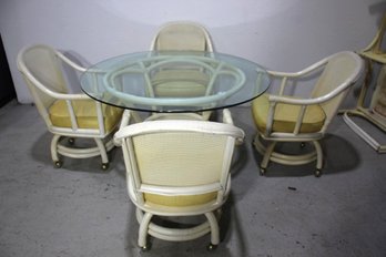 Vtg Bentwood Whitewash Rattan Table &  4 Chairs