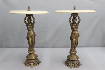 Two Vintage Bronze-tone Maiden Water Bearer Marble Top End Tables