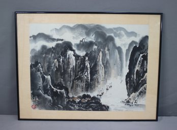 Original Watercolor Chinese River Gorge Landscape, Signed LL