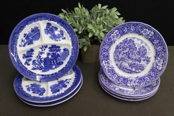 Group Lot Of Mixed Maker Blue Willow Pattern Dinnerware - 3 Tri-divided Plates And 4 Dinner Plates