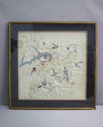 Vintage Superb Embroidery Birds And Flowers Framed Fabric Art