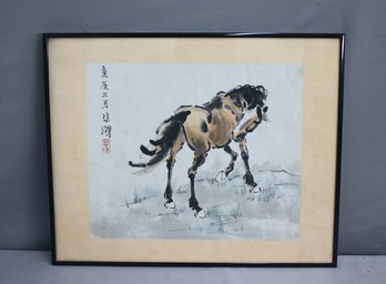 Framed Chinese Watercolor Standing Horse After Xu Beihong, Signed UL