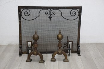 Antique Fire Screen And Andiron Set  Elegant Fireplace Accessories