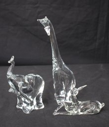 Set Of Three Clear Glass Animal Figurines - Giraffe, Elephant, And Gazelle