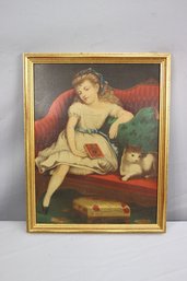 Framed 'SO TIRED PRINT ' Sleepy Girl With Cat On Sofa H.C. Bowen