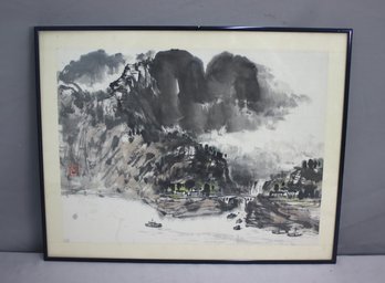 Original Watercolor Chinese Seaside Village Waterscape, Signed CL