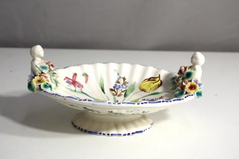 'Vintage Italian Ceramic Compote Dish With Floral And Figural Decorations'