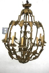 Antique Wrought Iron Cage Light Fixture With Leaf Detailing