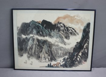 Original Watercolor Chinese Clouds And River Gorge Landscape, Signed LR