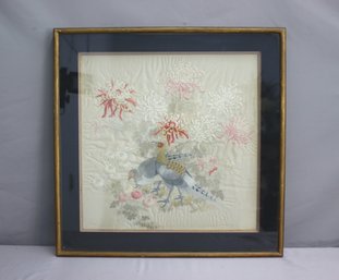 Vintage Superb Embroidery Pheasant And Flowers Needlework Framed Fabric Art