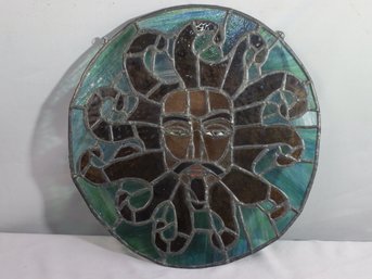 Vintage Sun King Pictorial Mosaic Leaded Stained Glass Wall Hanging