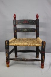Vintage Wooden Painted Child Chair With Woven Cane Rush Seat