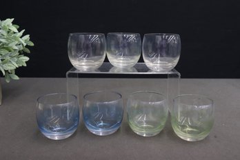 Group Of 7 Roly-poly Style Tinted And Clear Juice Glasses