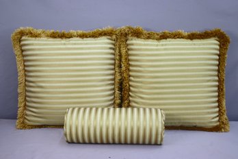 2 Gold And Cream With Fringe Throw Pillow And 1 Cylinder Bolster Pillow