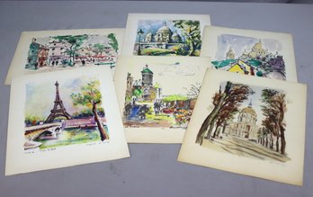 Group Lot Of 6 Vintage Watercolor Pen & Ink Prints Various Sites In Paris