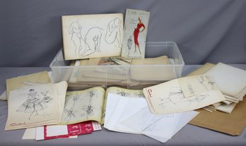 Group Lot Of Vintage Various NY Fashion Designers Sketches And Drawings - Box F