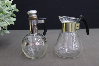 Two Vintage MCM Individual Glass Carafes - One IsCorning Glass 'Carafette', Other Has Metal Wrapped Cork