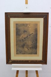 Vintage Print Of Woman With Mandolin And Cherub, Signed William Thurne, Framed