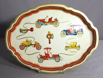 Vintage Baret Ware 'Art Grace' Tin Serving Tray With Classic Automobiles  13'x 17.5'