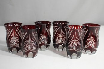 Set Of 6 Ruby Red Bohemian Cut-to-Clear Crystal Glasses - 4' Tall