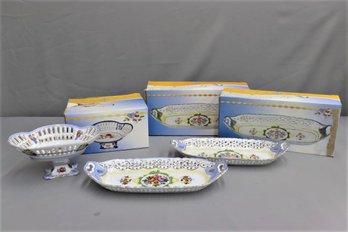 Reticulated White, Blue, Yellow Neoclassical Centerpiece And Two Oblong Trays - With Boxes (mostly New)