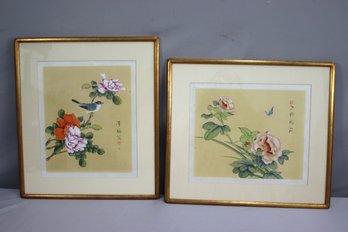 Pair Of Watercolor On Silk From The Srednick Collection