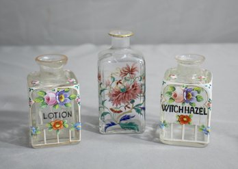 Set Of 3 Vintage Hand-decorated Vanity/apothecary Bottles