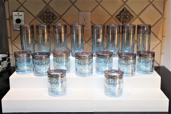 Vintage Aqua Rocks & Collins Glasses With Silver Victorian Style Overlay