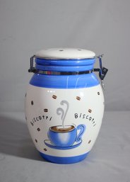 Vintage Blue & White Flip Lock Top Biscotti Cookie Jar By Inspirado