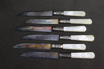 Six Vintage Mother Of Pearl Handled Silverplate Steak Knives With Embossed Hilt Band