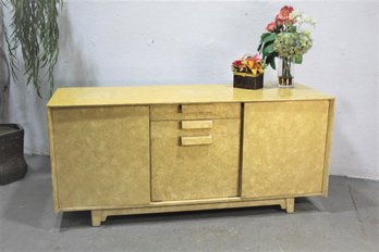 Vintage MCM Style Sideboard Cabinet With Finished Upholstered Back