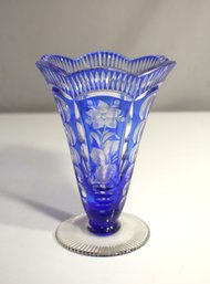 Vintage Cobalt Blue Cut-to-Clear Glass Vase With Floral Motif  Minor Rim Chips