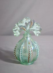 Vintage Fenton Glass USA Hand-Painted  Aquamarine Willow Green Feather Perfume Bottle