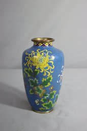 Vintage 20th Century Chinese Lotus Flower Blue Enamel Cloisonne Vase