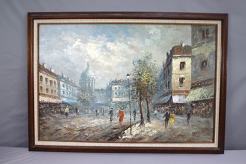 Framed LANDSCAPE OF PARISIAN STREET SCENE On Canvas -signed