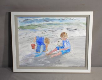 Two Boys At The Beach' - Framed Watercolor Painting