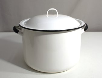 Vintage White Enamelware Stock Pot/Dutch Oven With Lid & Black Trim