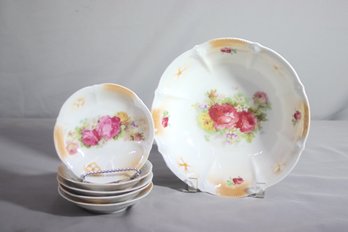 Vintage German Porcelain Hand-painted Botanic Roses Small Bowls (5) And Serving/fruit Bowl(1)