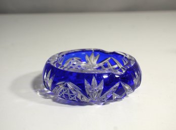 Vintage Cobalt Blue Cut-to-Clear Crystal Ashtray With Starburst Motif