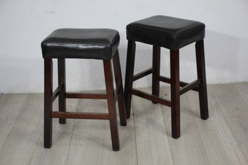 Pair Of 23.5' High Small Wooden Stools With Black Cushioned Seats