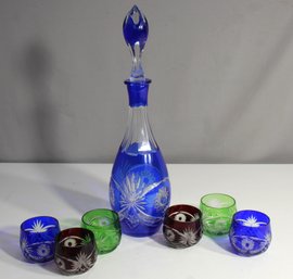 Vintage Cut-to-Clear Bohemian Decanter Set With 6 Glasses  Multi-Color