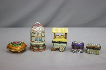 Group Lot Of 5 Vintage Porcelain Trinket Boxes - Heart, Birdcage, Ice Cream Cart, Yellow Roses, And Shoe Box