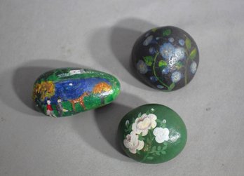 Trio Of Hand-Painted Decorative Stones - Nature And Floral Themes