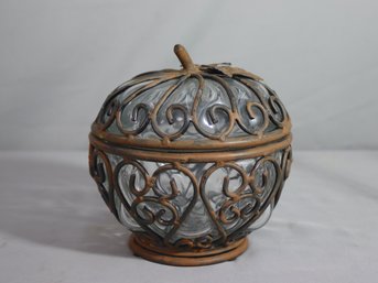 Clear Bubble Blown Glass Pumpkin Caged In Distress-painted Wrought Iron Lidded Jar