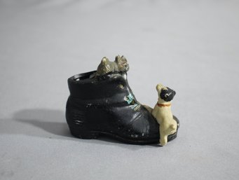 Vintage Bisque Porcelain Two Dogs In A Black Boot Figurine