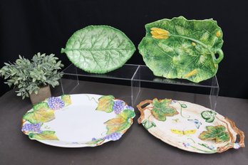 Group Lot Of 4 Fruit, Flower, Leaf, And Butterfly Ceramic Serving Trays