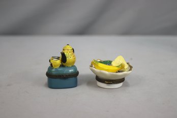 Vintage Limoges Porcelain Teapot/teacups & Colorful Fruit Bowl Trinket Boxes