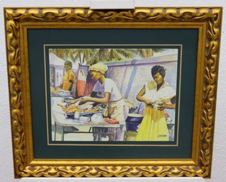 Excellent Frame With Print Of Original Watercolor Women At Open Air Market, Signed J. Brown