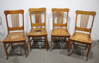 Set Of Four Vintage Oak And Cane Dining Chairs